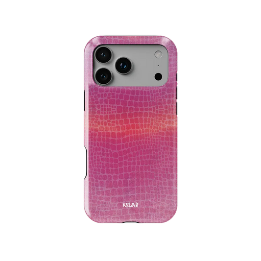 Pink croc print Bold Chrome iPhone case, front view showing the texture (Sunset Serpent).