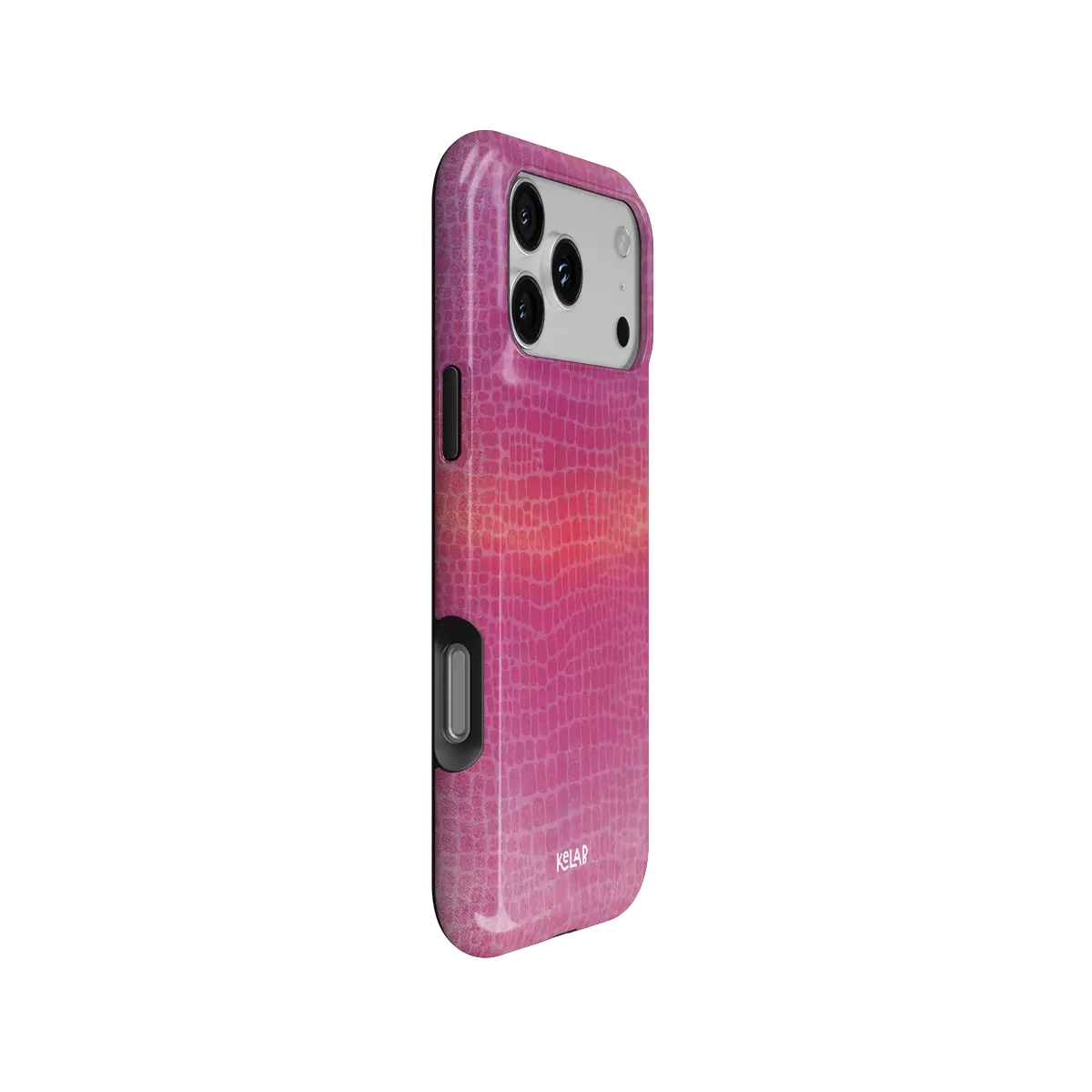Pink croc print Bold Chrome iPhone case, side view with pattern wrapped around buttons.