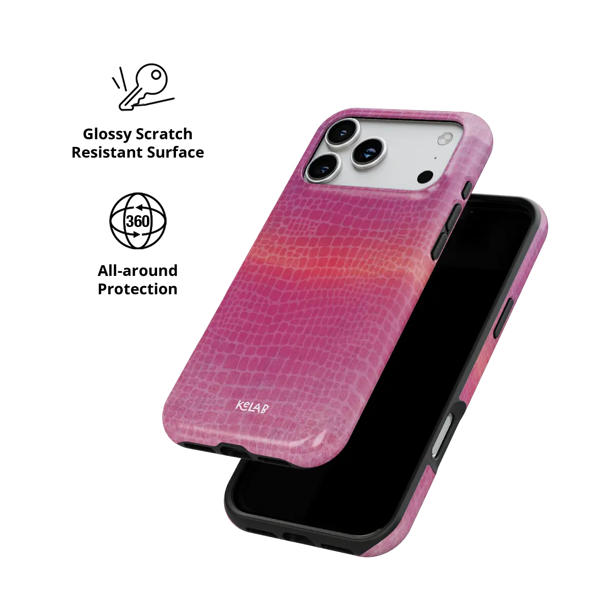 Pink croc print Bold Chrome iPhone case, glossy scratch-resistant all-around protection.