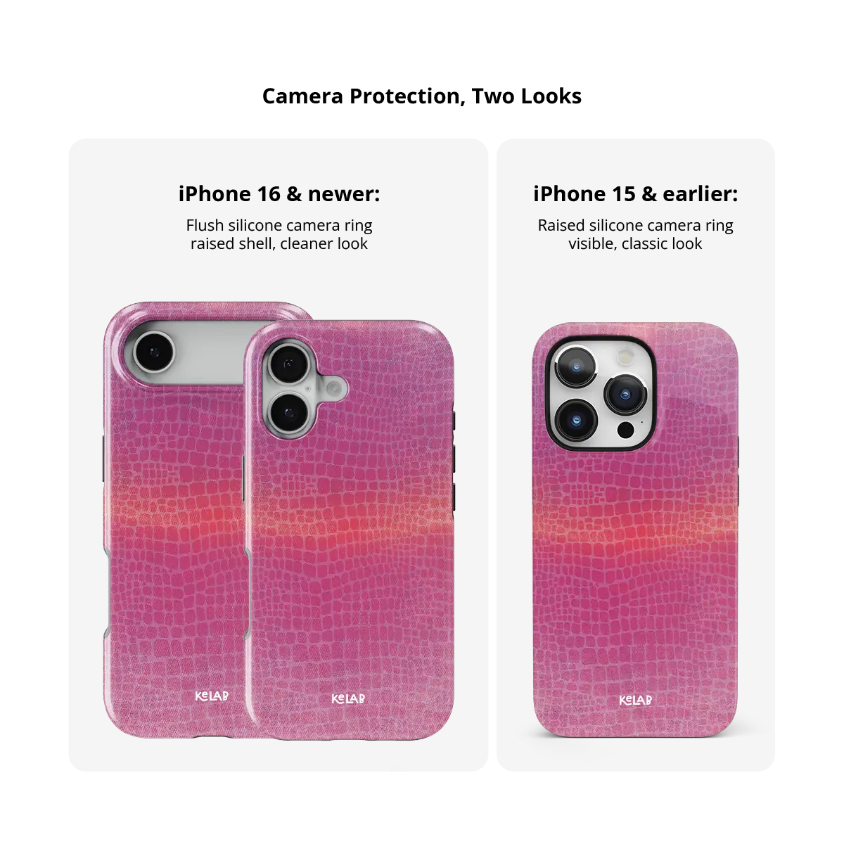 Pink croc print Bold Chrome iPhone case, size compared across iPhone 15-18 models.
