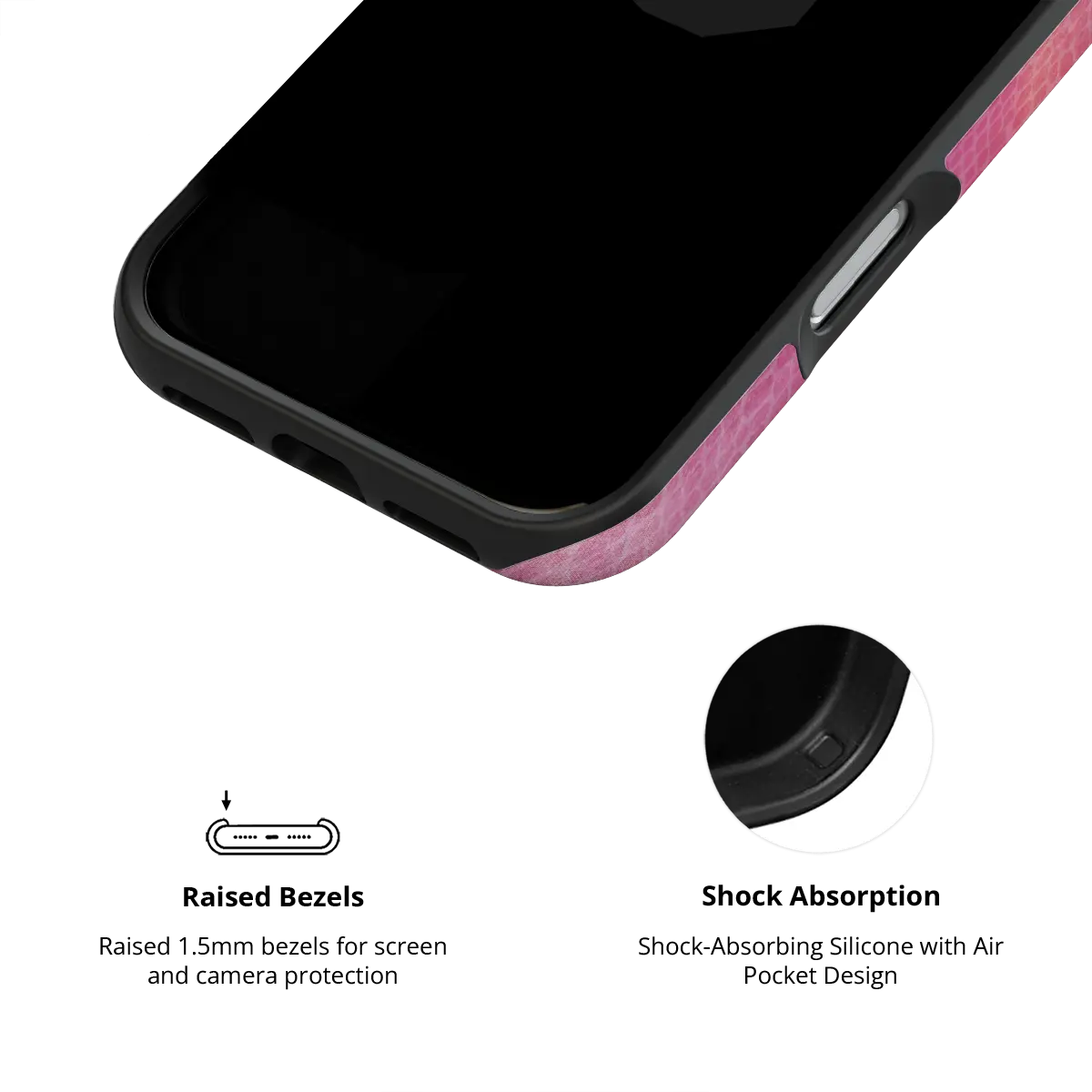 Pink croc print Bold Chrome iPhone case, inner view with shock-absorbing liner.