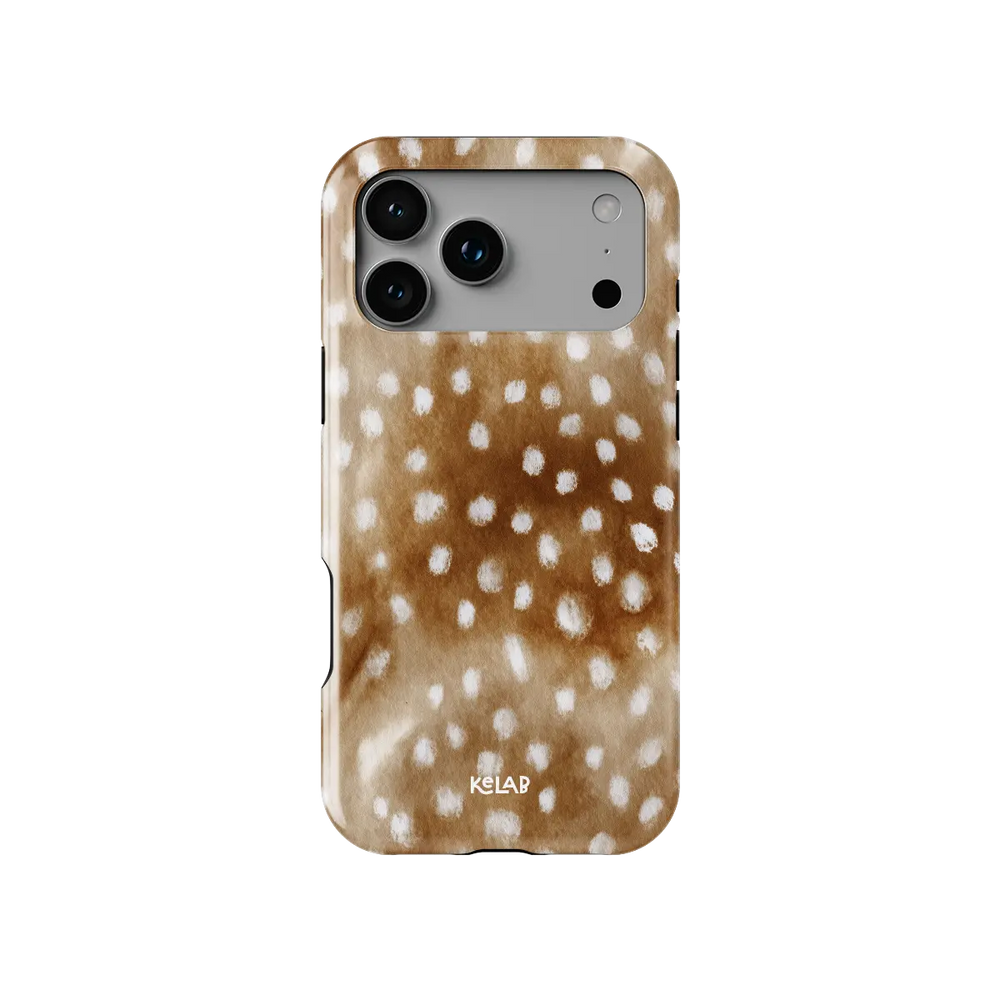Doe Eyed Drift deer print Tough iPhone case, front view showing the pattern.