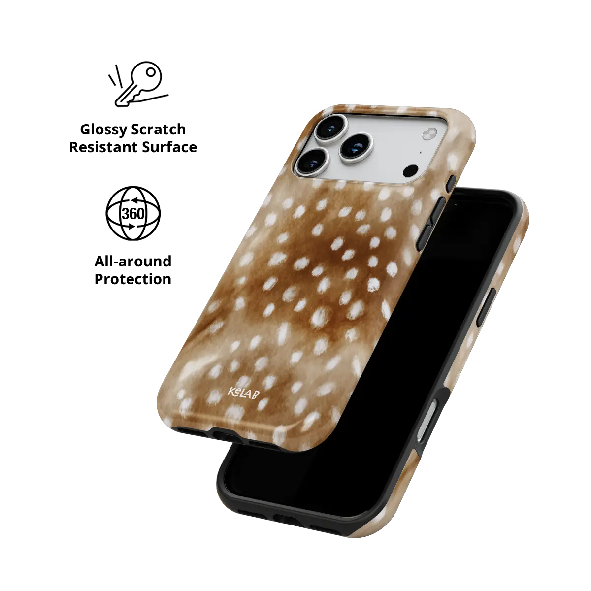 Doe Eyed Drift deer print Tough iPhone case with glossy, scratch resistant all-around protection.