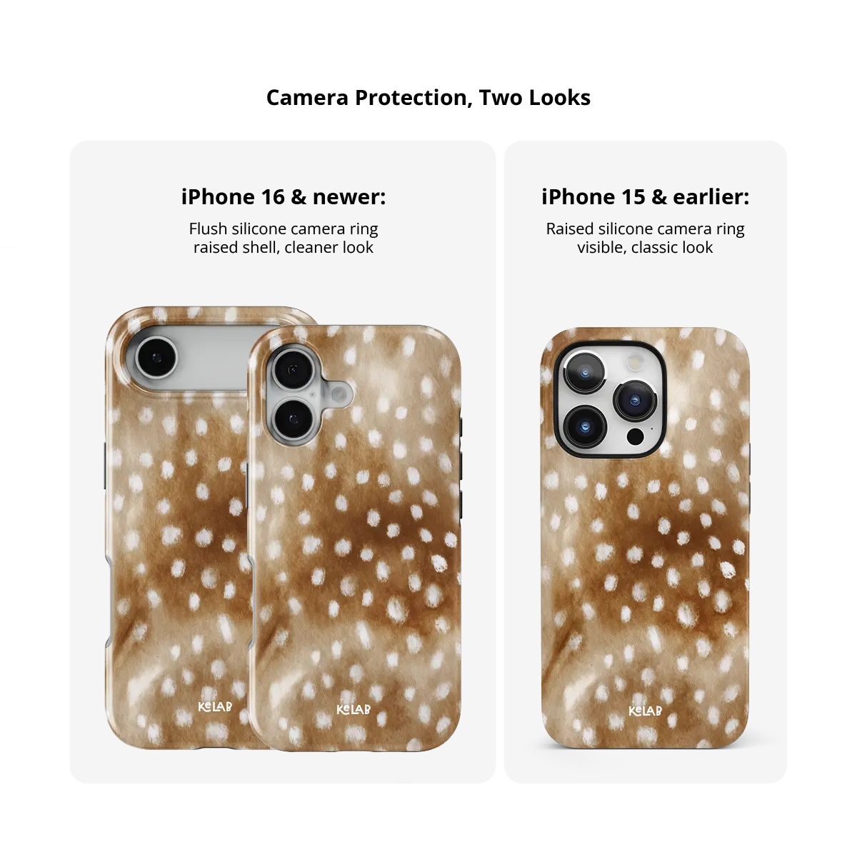 Doe Eyed Drift deer print Tough iPhone case size comparison across iPhone 15 to 18 models.