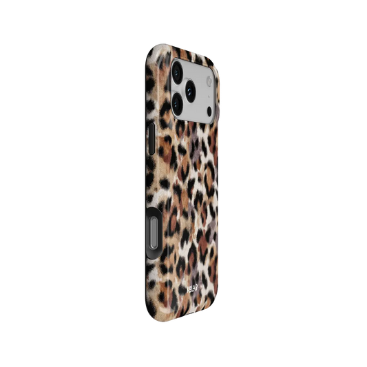 Sahara Plush tan cheetah print Tough iPhone case, side view showing the pattern wrapped around the shell.
