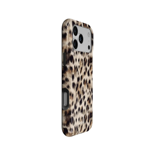 Arctic Aristocrat beige cheetah print Tough iPhone case, side view showing the pattern wrapped around the shell.