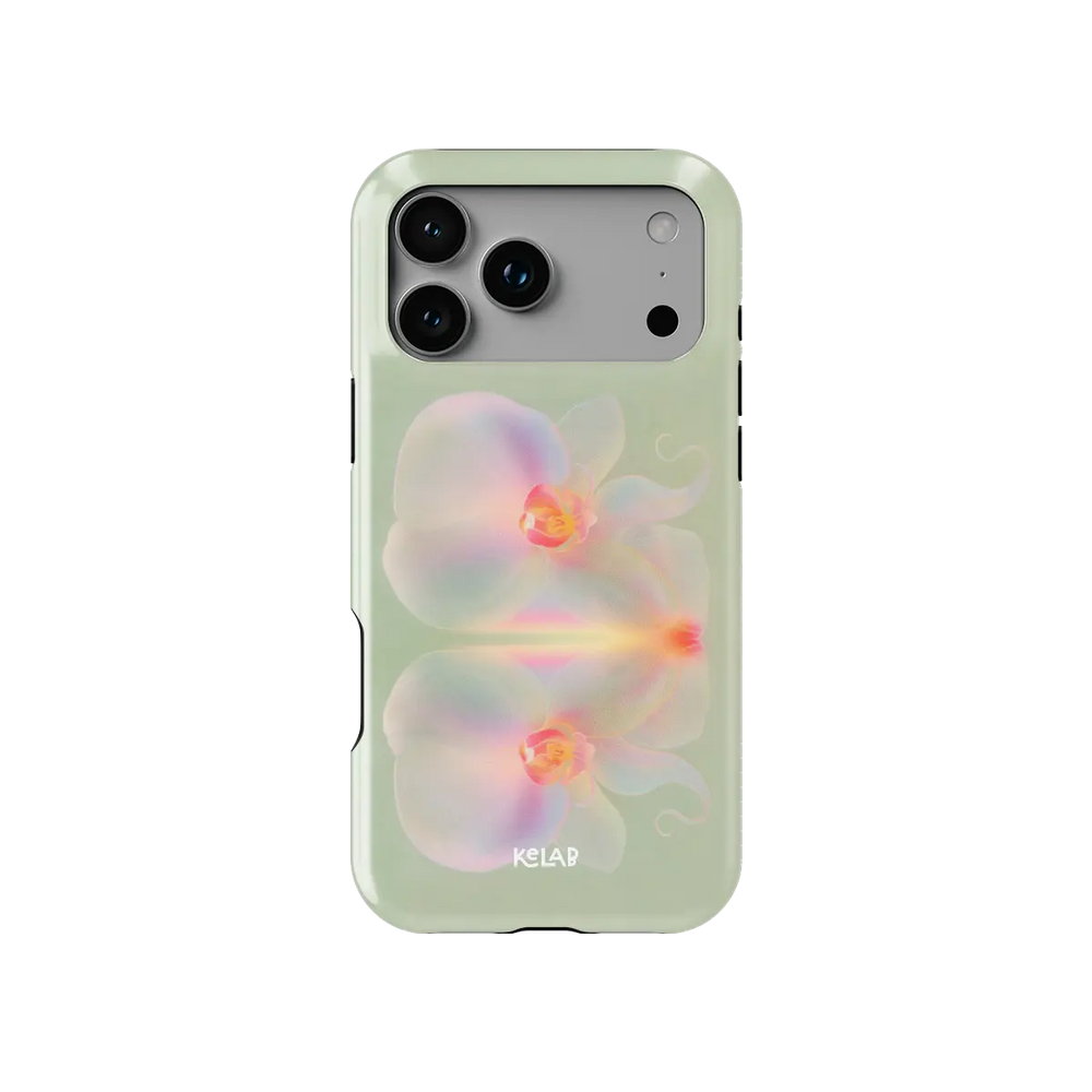 Iridescent green floral Tough iPhone case, front view showing the pattern (Iridescent Bloom).