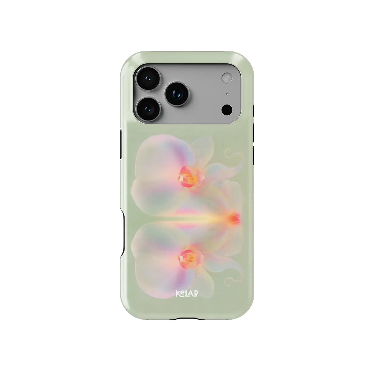 Iridescent green floral Tough iPhone case, front view showing the pattern (Iridescent Bloom).