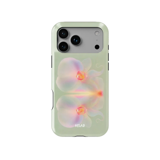 Iridescent green floral Tough iPhone case, front view showing the pattern (Iridescent Bloom).