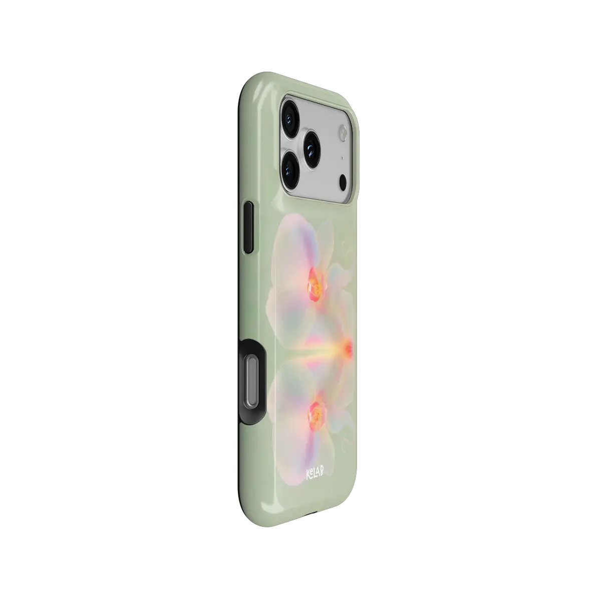 Iridescent green floral Tough iPhone case, side view with pattern wrapped around buttons.