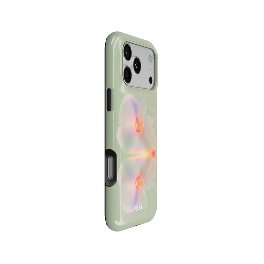 Iridescent green floral Tough iPhone case, side view with pattern wrapped around buttons.