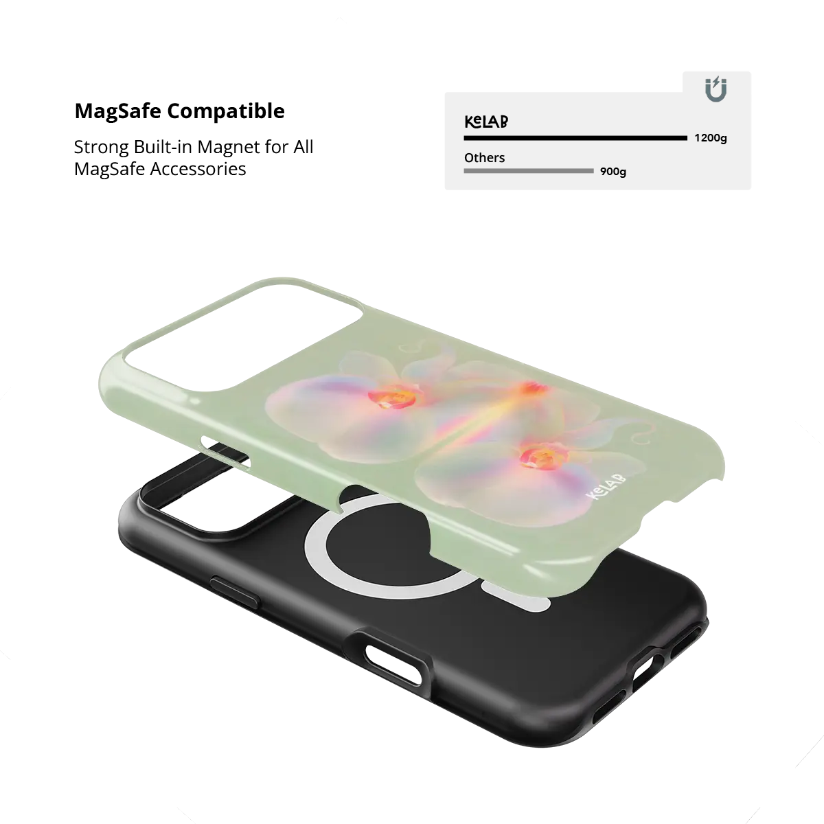 Iridescent green floral Tough iPhone case, built-in strong MagSafe magnets.