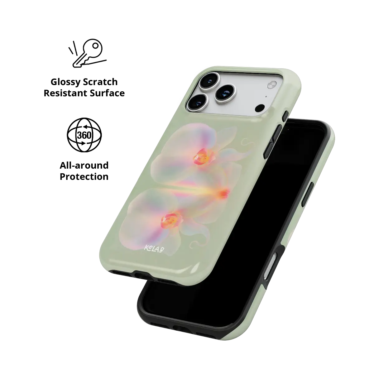 Iridescent green floral Tough iPhone case, glossy scratch-resistant all-around protection.