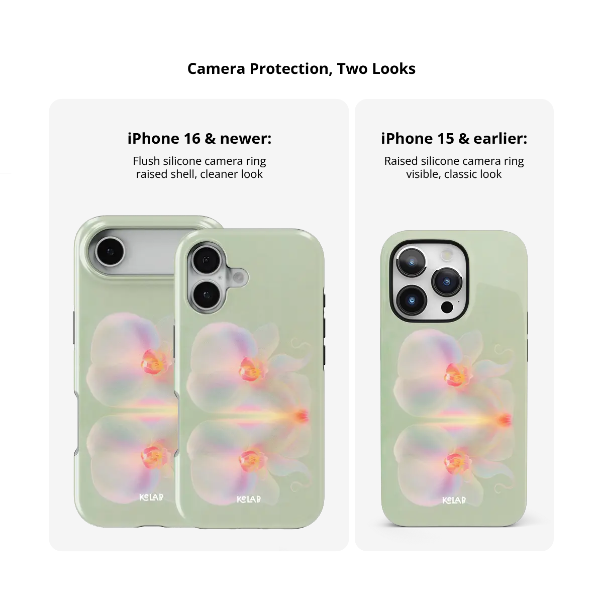 Iridescent green floral Tough iPhone case, size compared across iPhone 15-18 models.
