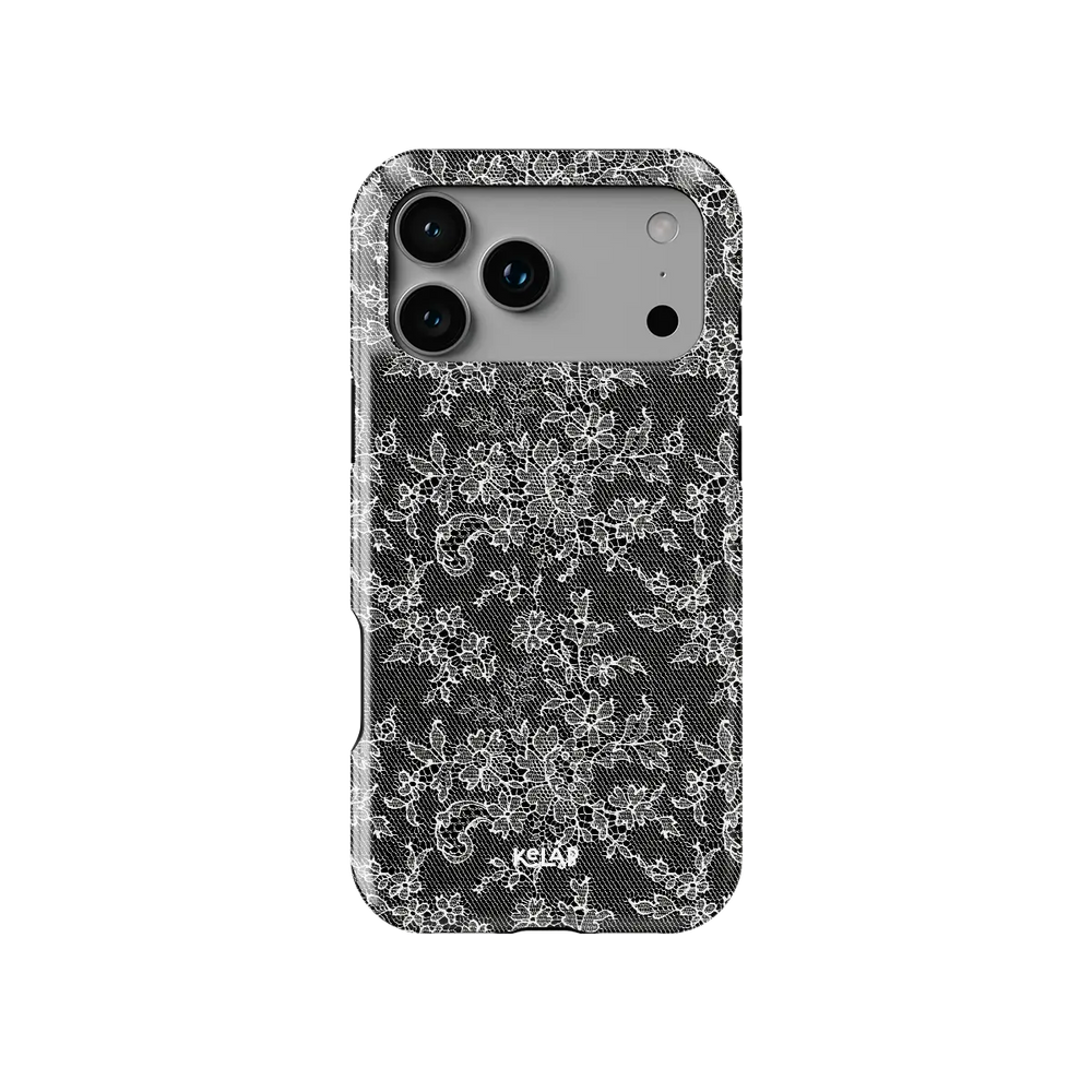 Black lace floral Tough iPhone case, front view showing the pattern (Midnight Garden).