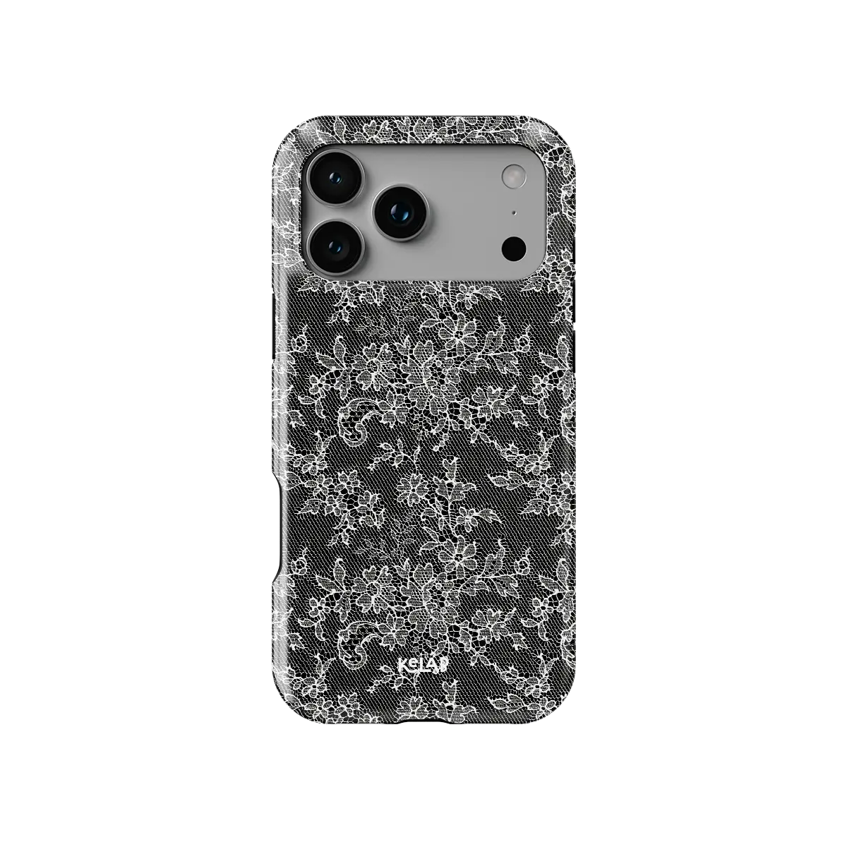 Black lace floral Tough iPhone case, front view showing the pattern (Midnight Garden).