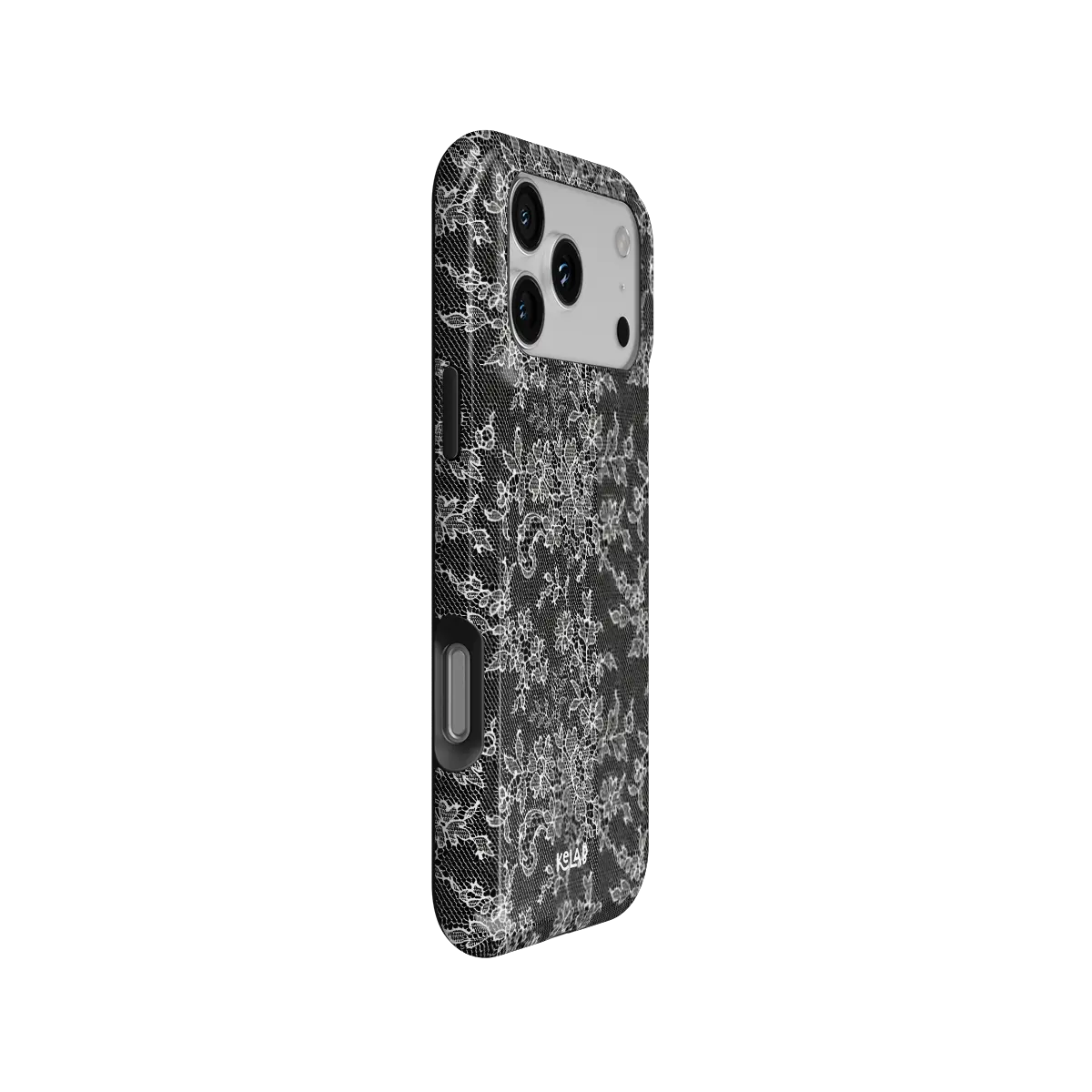 Black lace floral Tough iPhone case, side view with pattern wrapped around buttons.