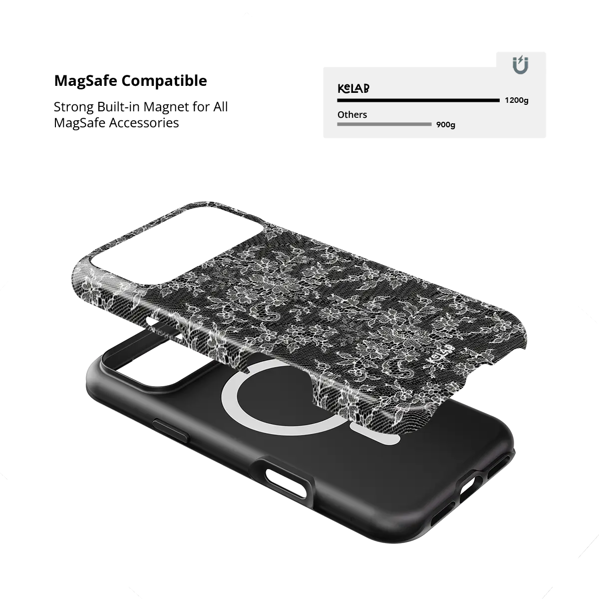 Black lace floral Tough iPhone case, built-in strong MagSafe magnets.