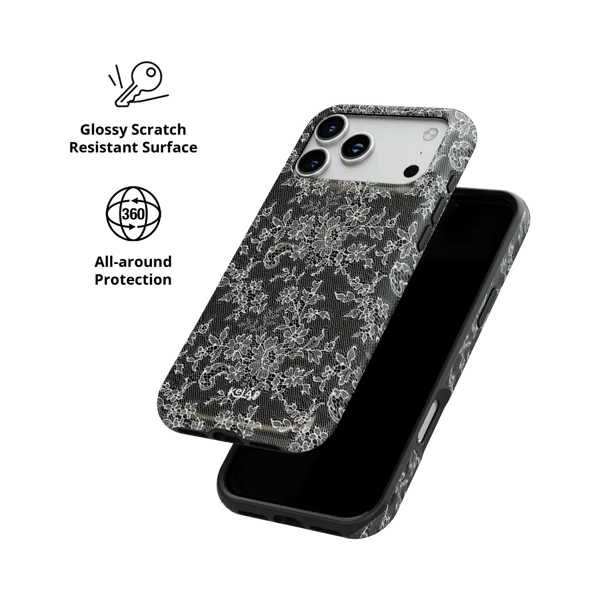 Black lace floral Tough iPhone case, glossy scratch-resistant all-around protection.