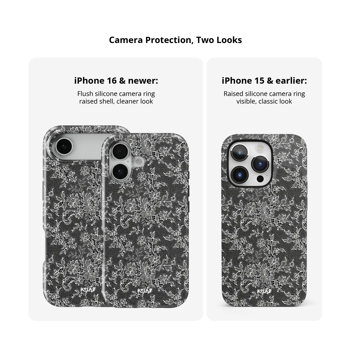 Black lace floral Tough iPhone case, size compared across iPhone 15-18 models.