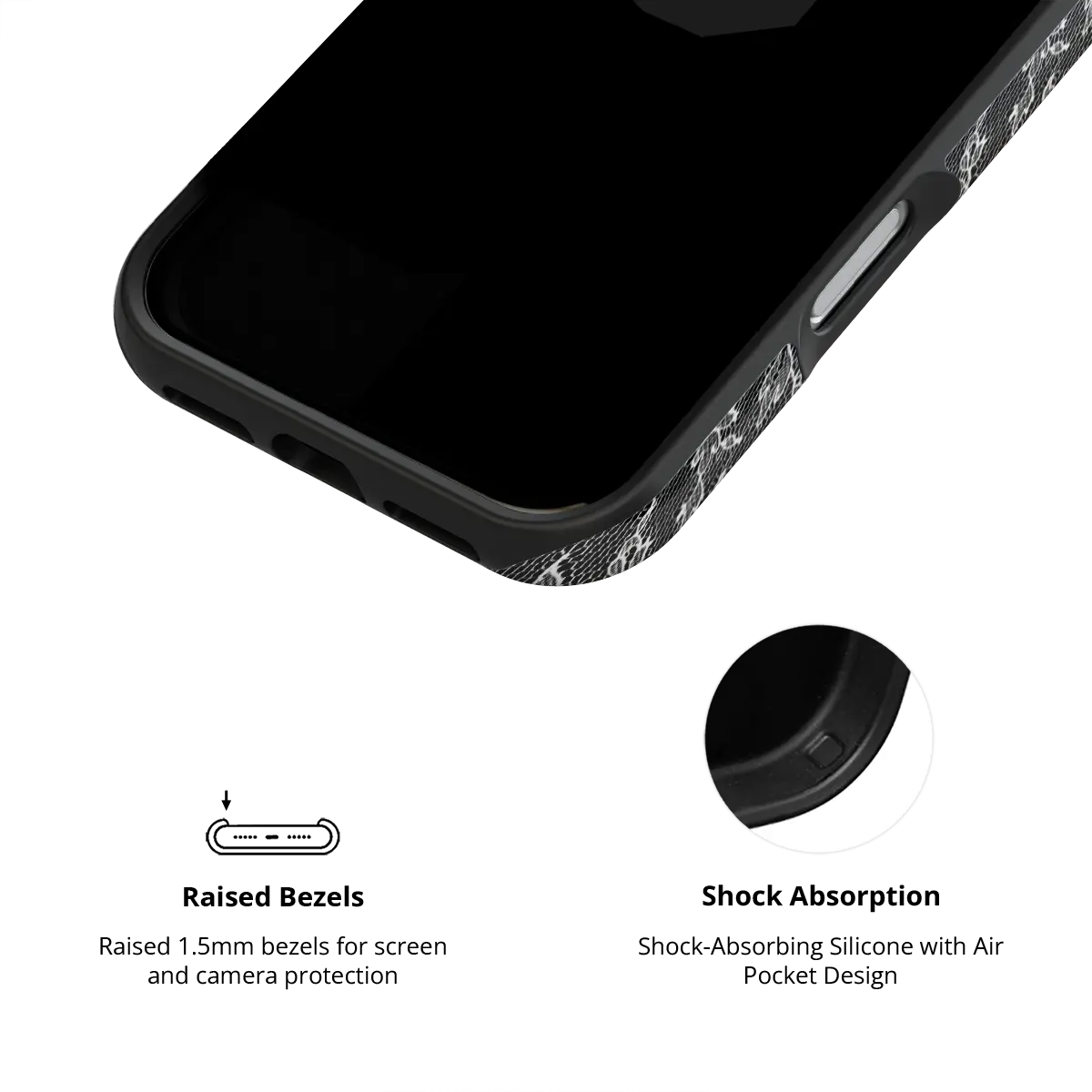 Black lace floral Tough iPhone case, inner view with shock-absorbing liner.