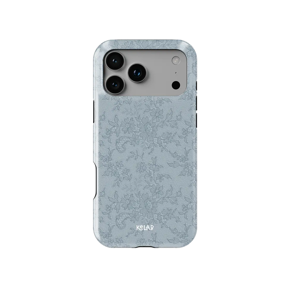 Blue lace floral Tough iPhone case, front view showing the pattern (Antique Azul).