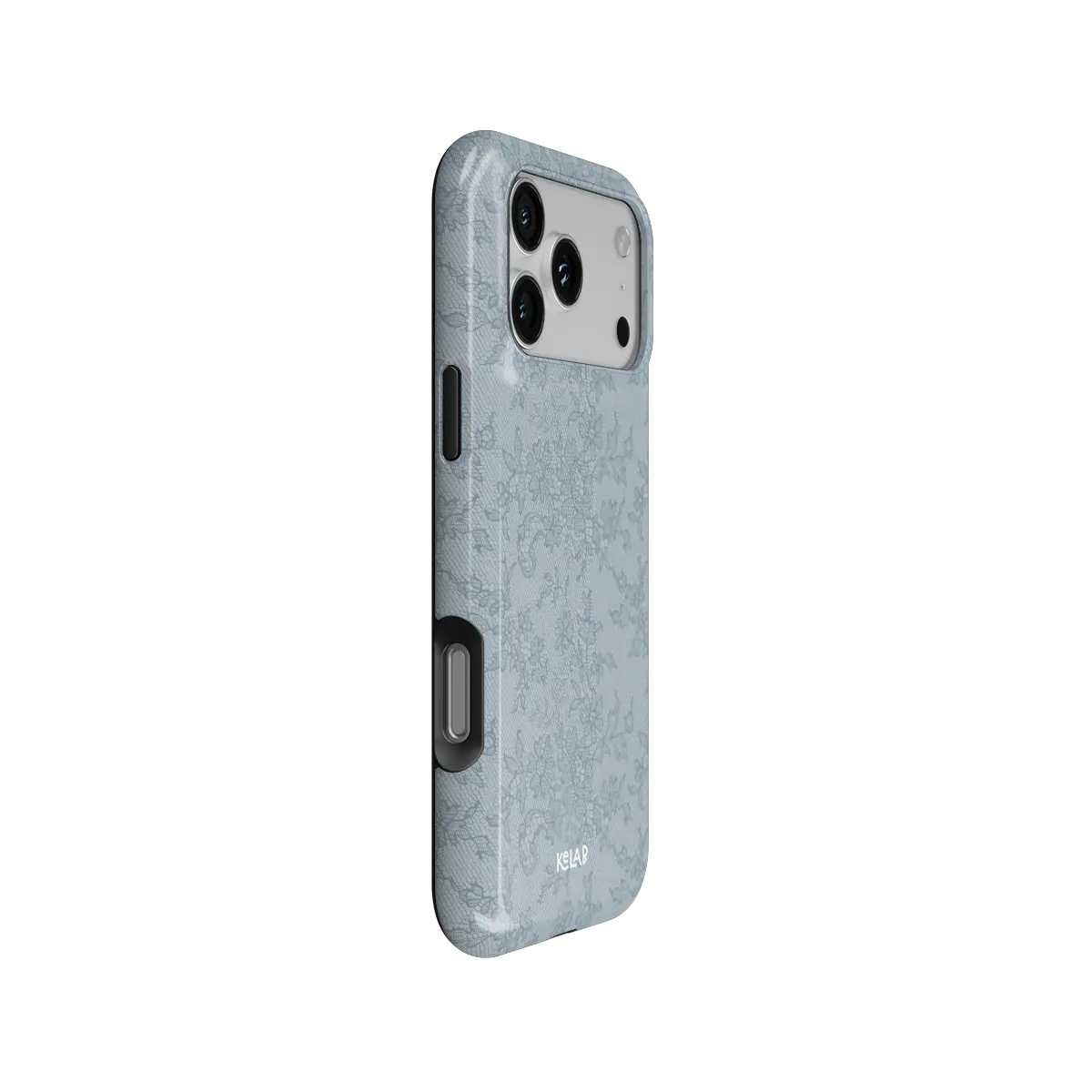 Blue lace floral Tough iPhone case, side view with pattern wrapped around buttons.