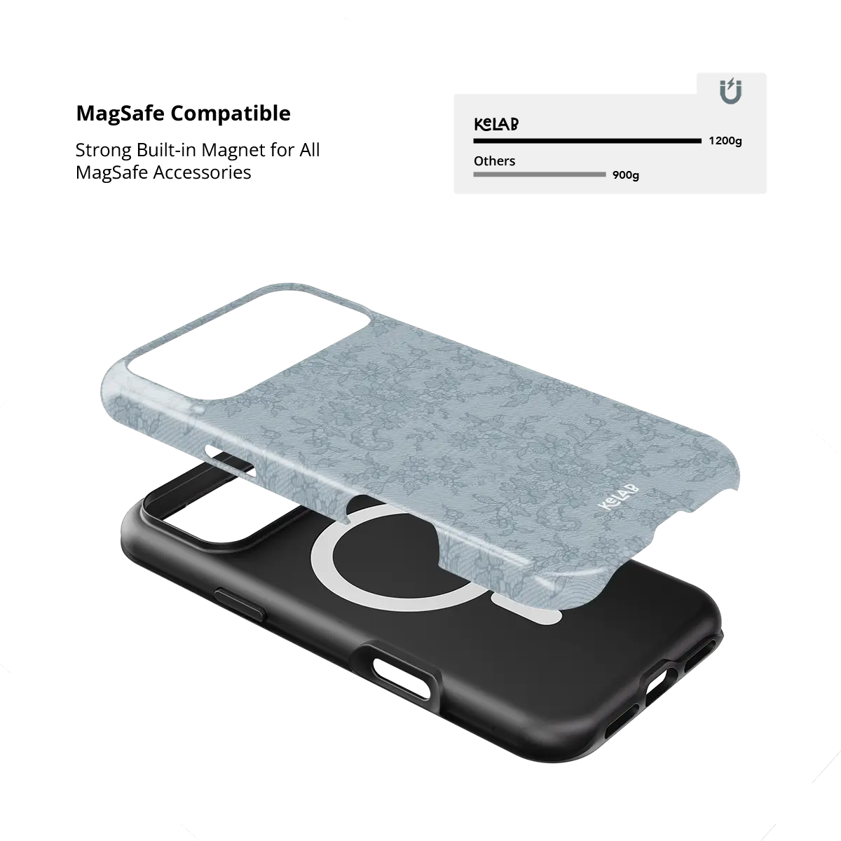 Blue lace floral Tough iPhone case, built-in strong MagSafe magnets.