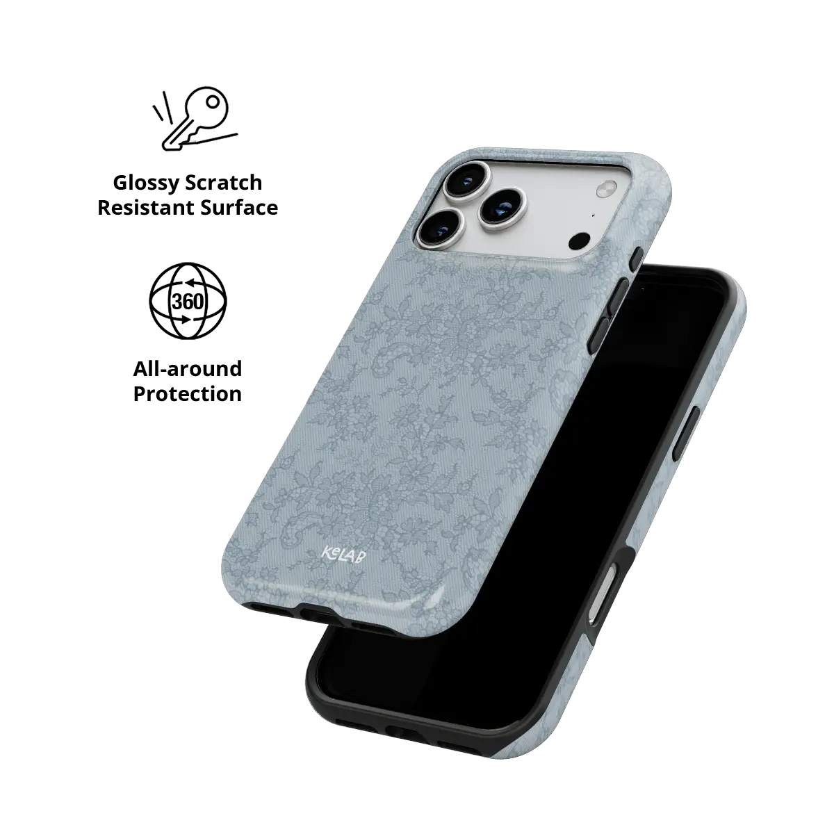 Blue lace floral Tough iPhone case, glossy scratch-resistant all-around protection.