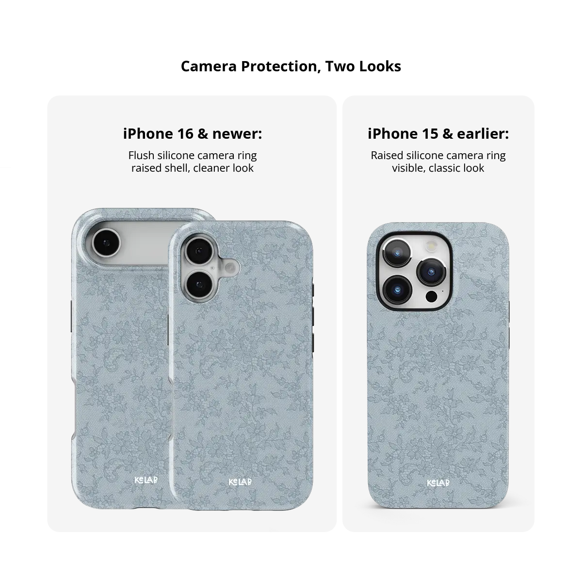 Blue lace floral Tough iPhone case, size compared across iPhone 15-18 models.