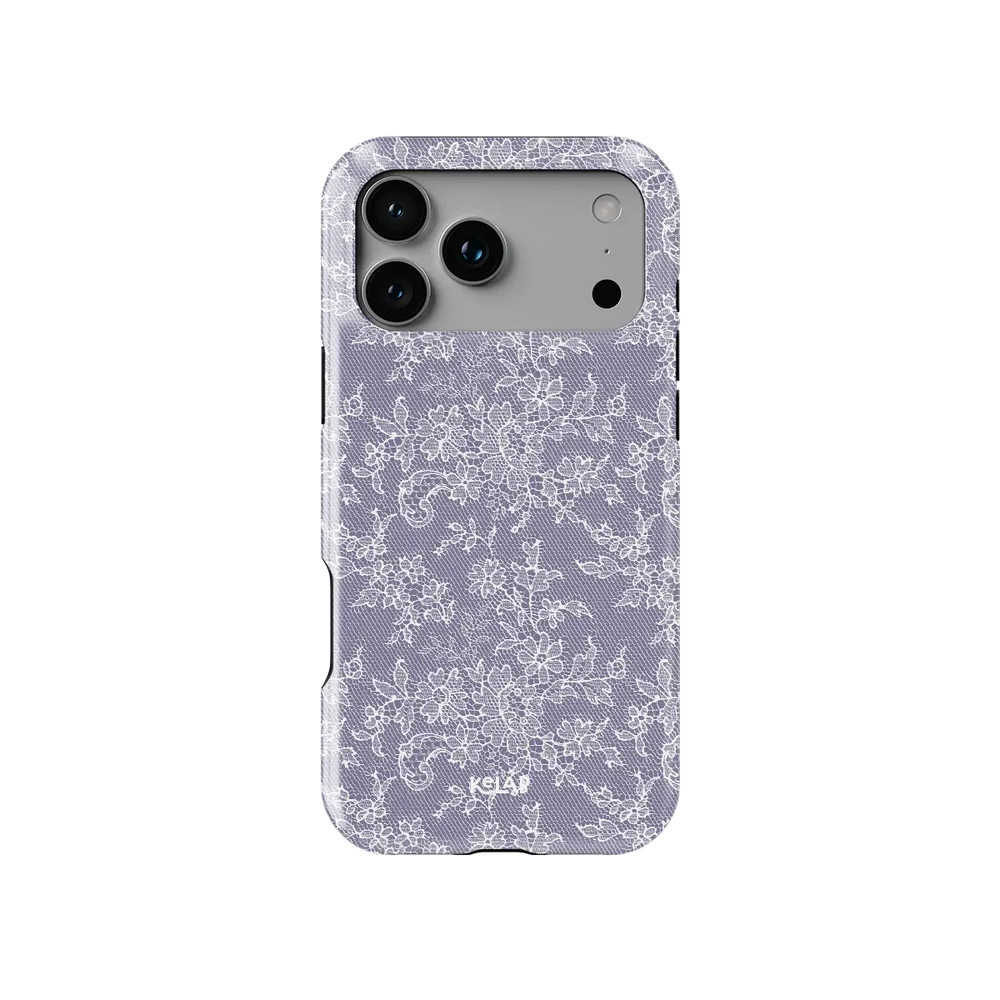 Purple lace floral Tough iPhone case, front view showing the pattern (Amethyst Veil).
