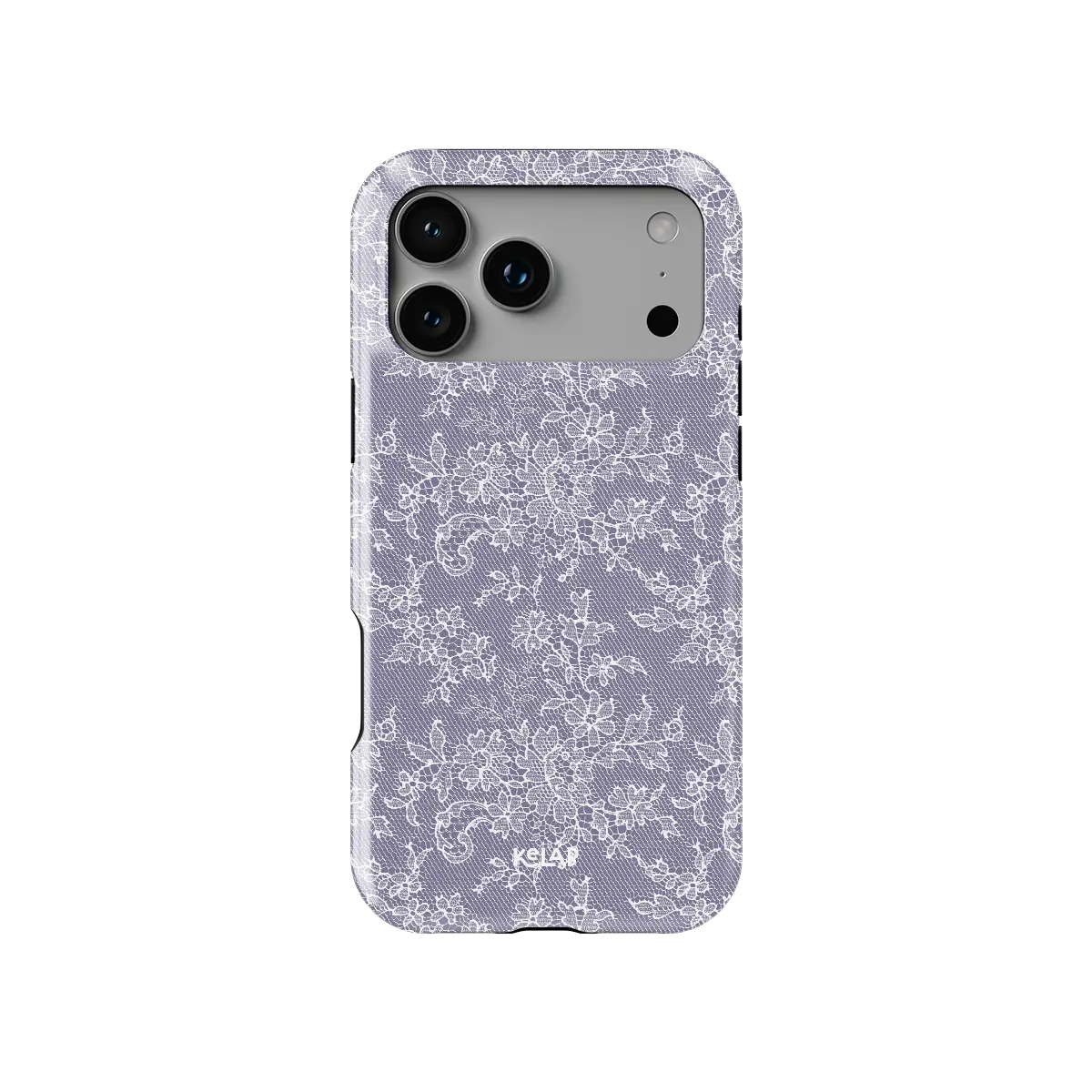 Purple lace floral Tough iPhone case, front view showing the pattern (Amethyst Veil).