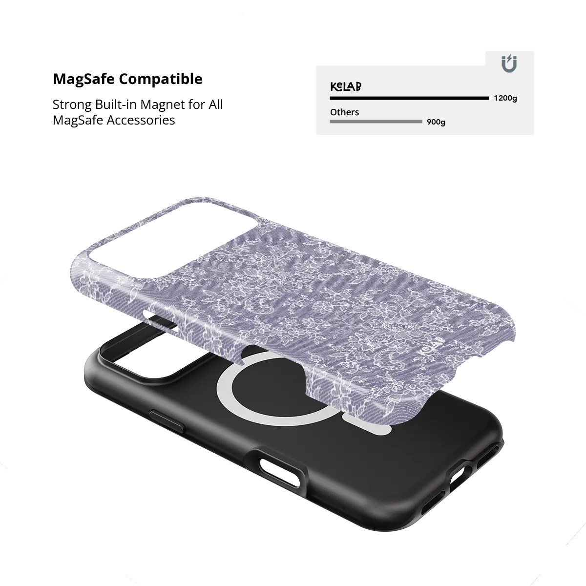 Purple lace floral Tough iPhone case, built-in strong MagSafe magnets.