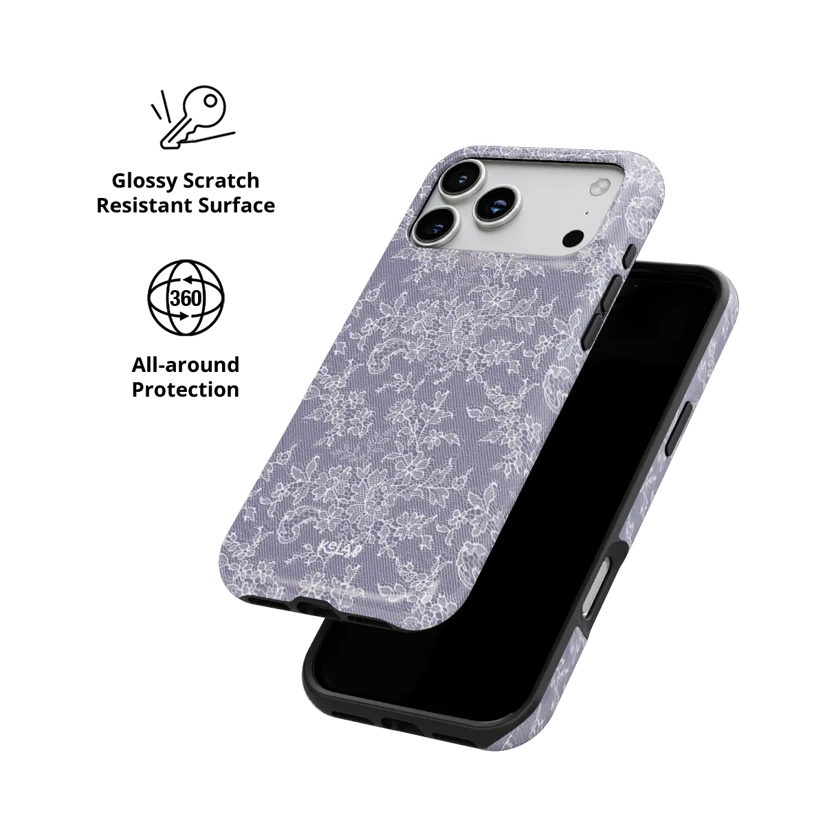 Purple lace floral Tough iPhone case, glossy scratch-resistant all-around protection.