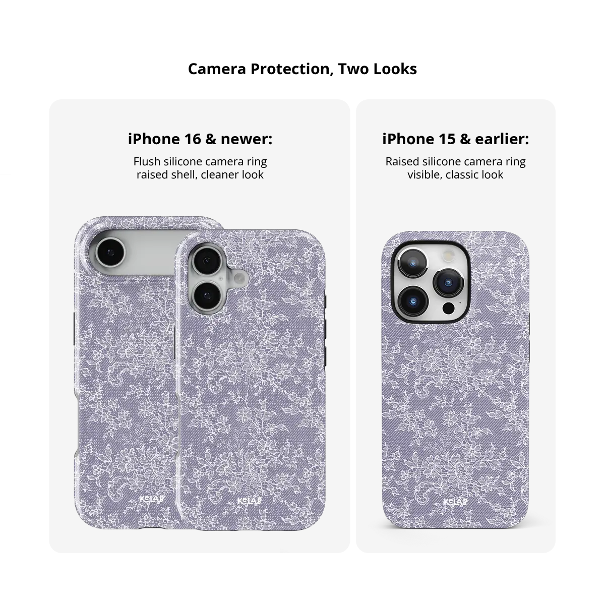 Purple lace floral Tough iPhone case, size compared across iPhone 15-18 models.