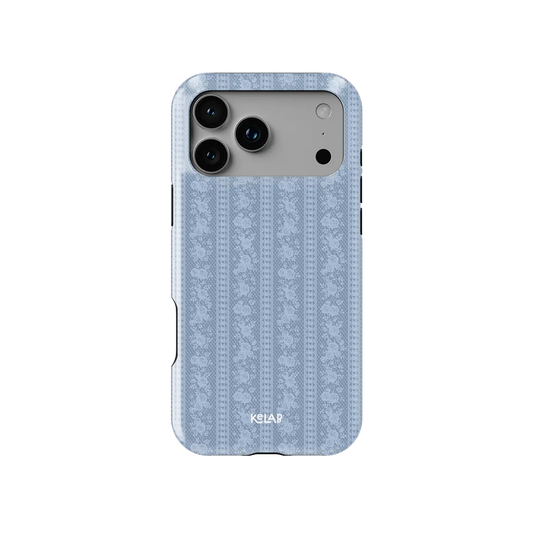 Blue lace vertical stripe Tough iPhone case, front view showing the pattern (Bluebell Stripe).