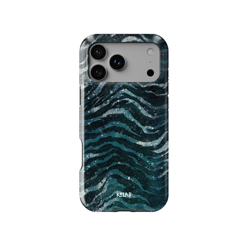 Deep Sea Marble teal zebra print Tough iPhone case, front view showing the pattern.