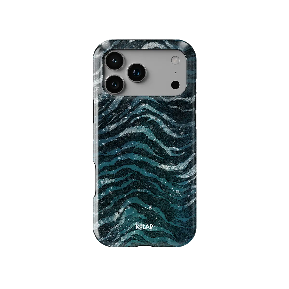 Deep Sea Marble teal zebra print Tough iPhone case, front view showing the pattern.