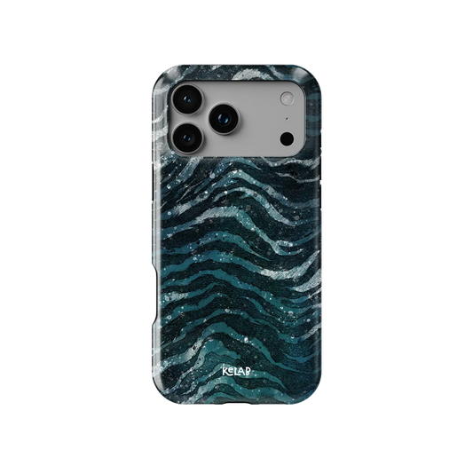 Deep Sea Marble teal zebra print Tough iPhone case, front view showing the pattern.