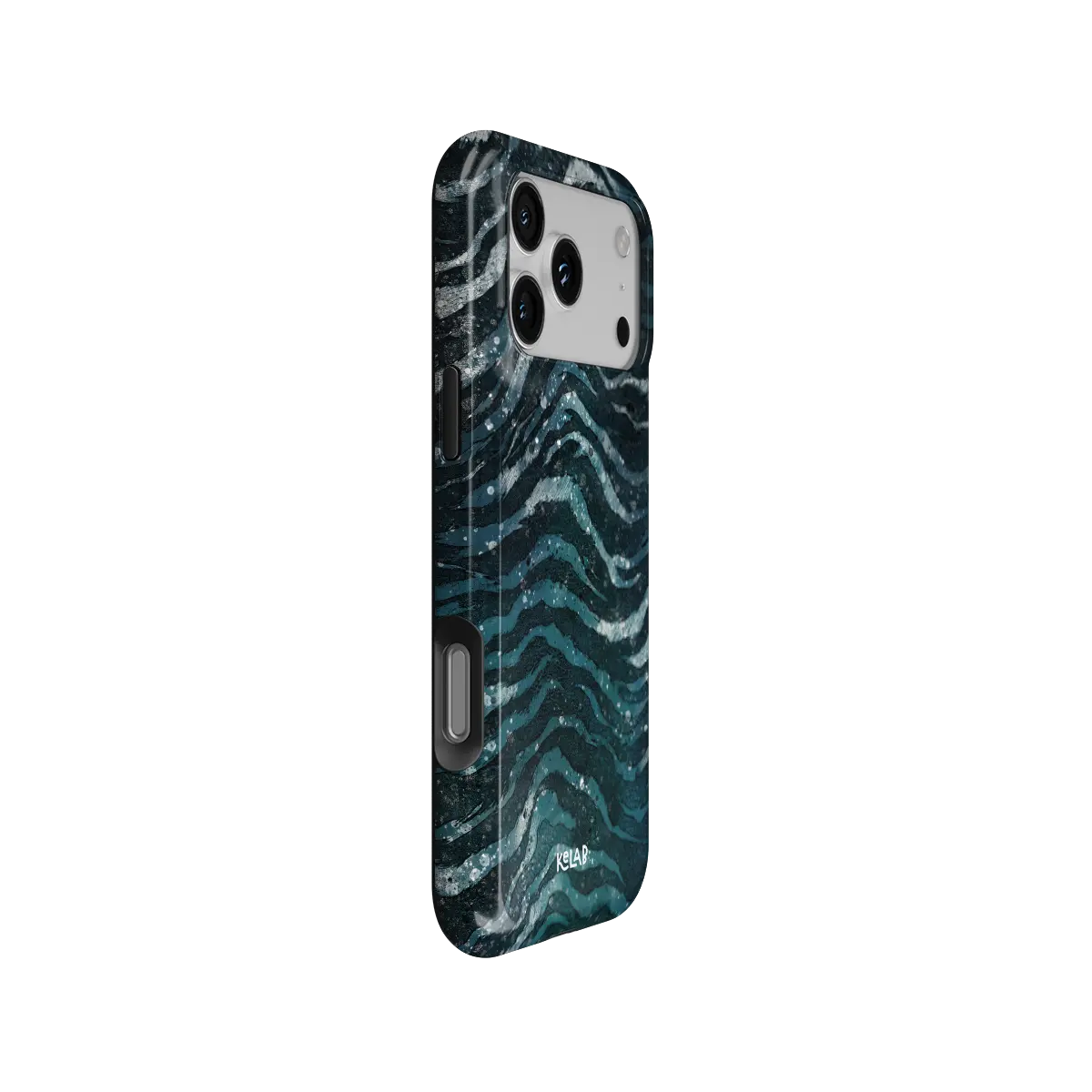 Deep Sea Marble teal zebra print Tough iPhone case, side view showing the pattern wrapped around the shell.