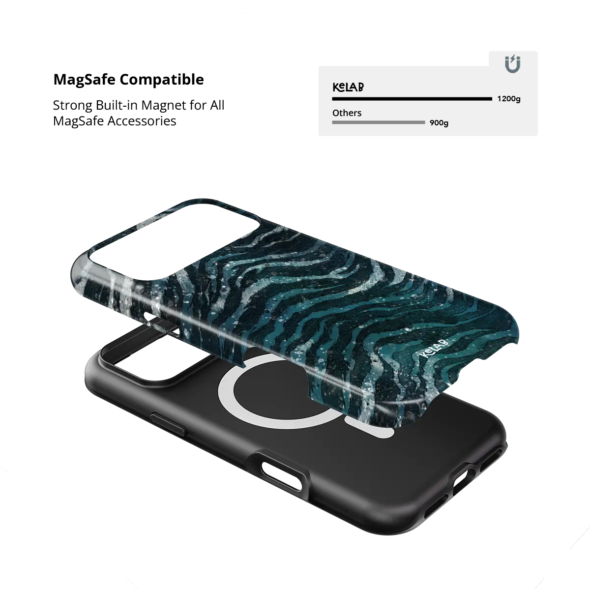 Deep Sea Marble teal zebra print Tough iPhone case with built-in strong MagSafe magnets.