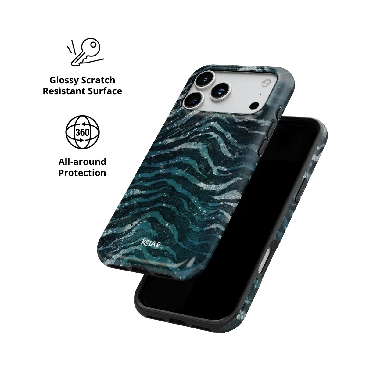 Deep Sea Marble teal zebra print Tough iPhone case with glossy, scratch resistant all-around protection.