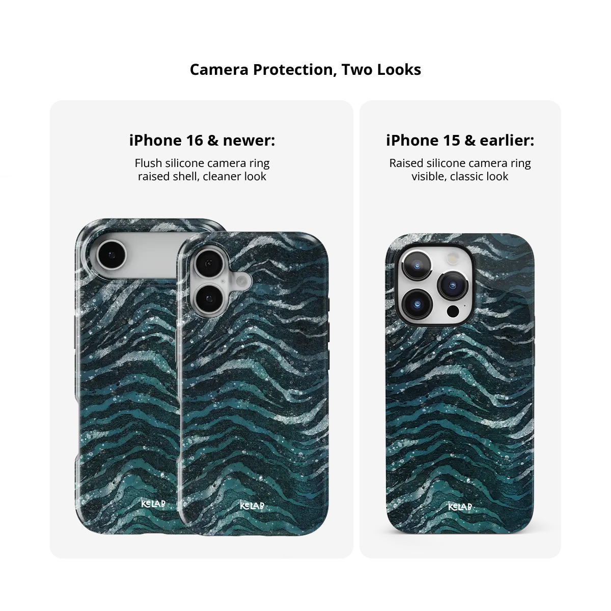 Deep Sea Marble teal zebra print Tough iPhone case size comparison across iPhone 15 to 18 models.