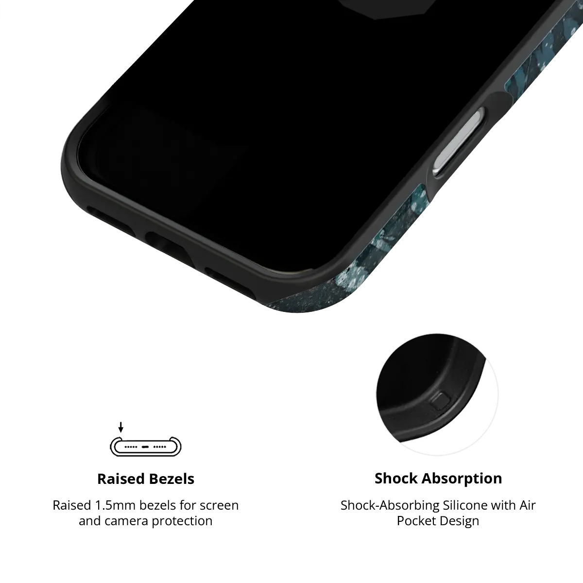 Deep Sea Marble teal zebra print Tough iPhone case inner view showing shock-absorbing drop protection.