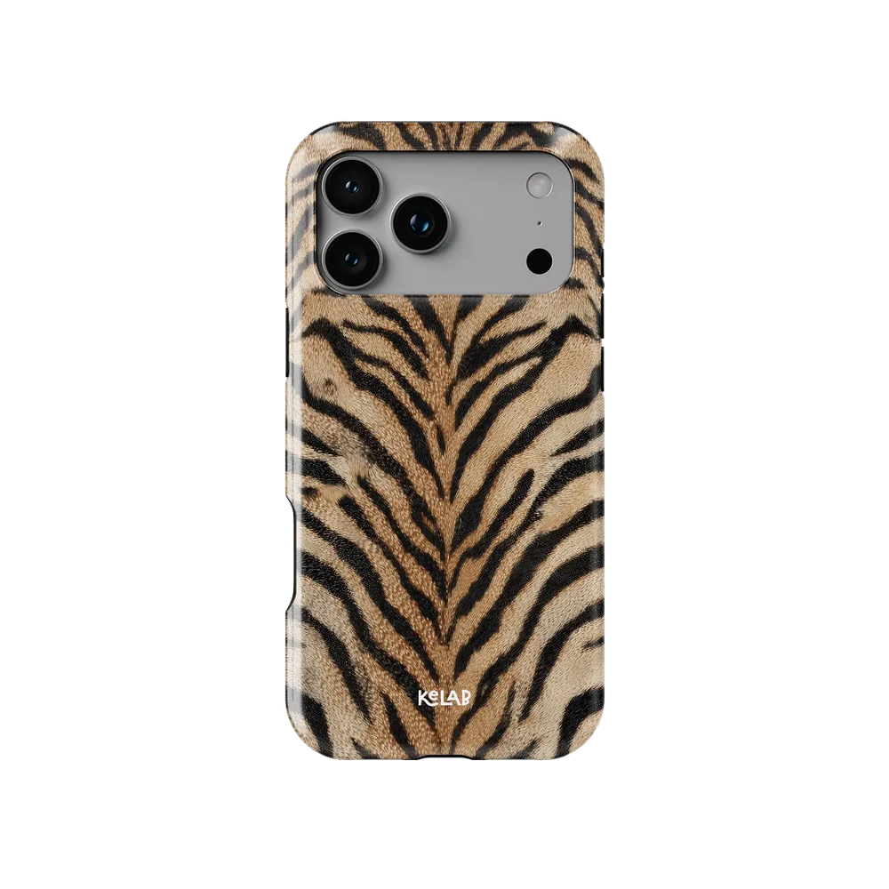 Fierce orange tiger print Tough iPhone case, front view showing the pattern.