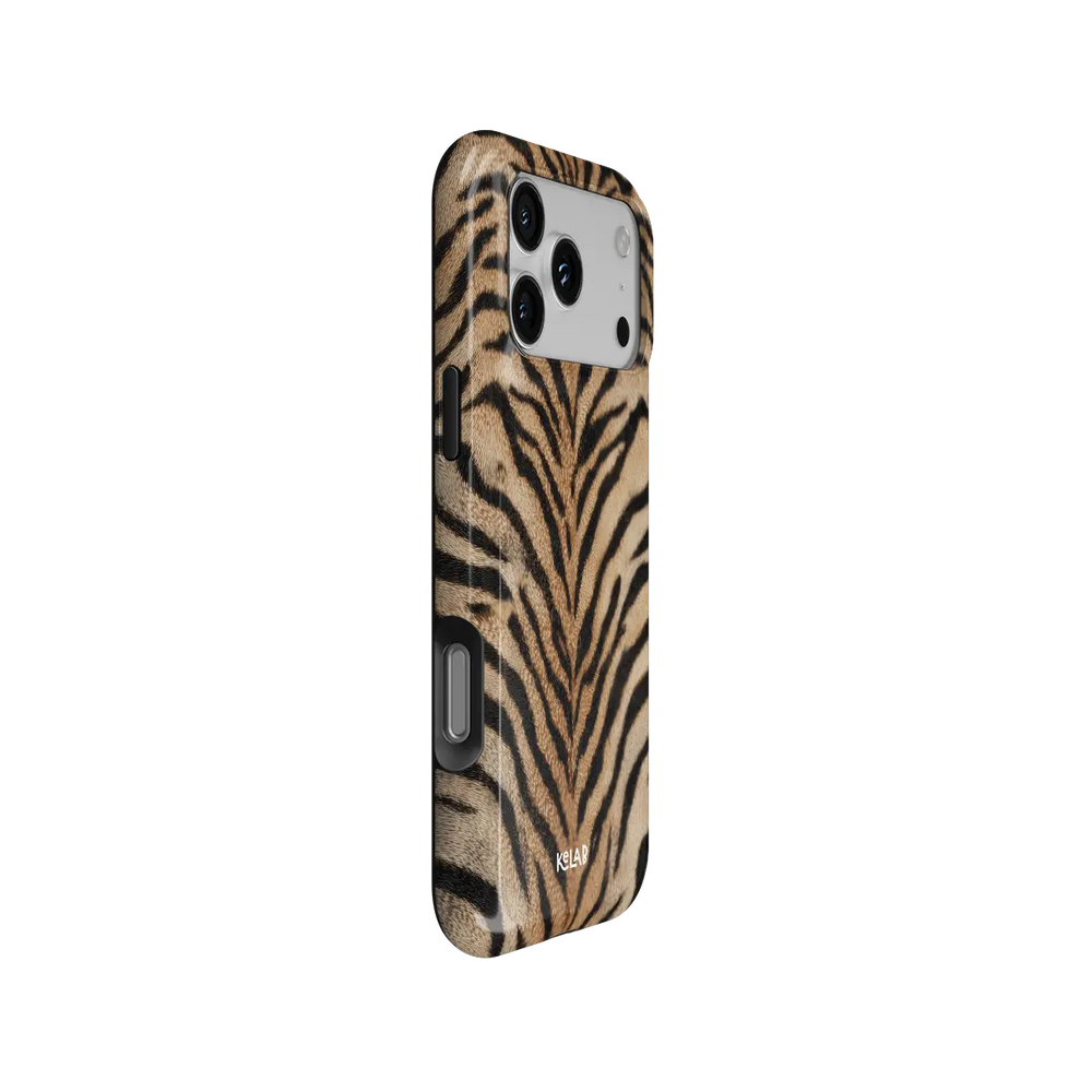 Fierce orange tiger print Tough iPhone case, side view showing the pattern wrapped around the shell.