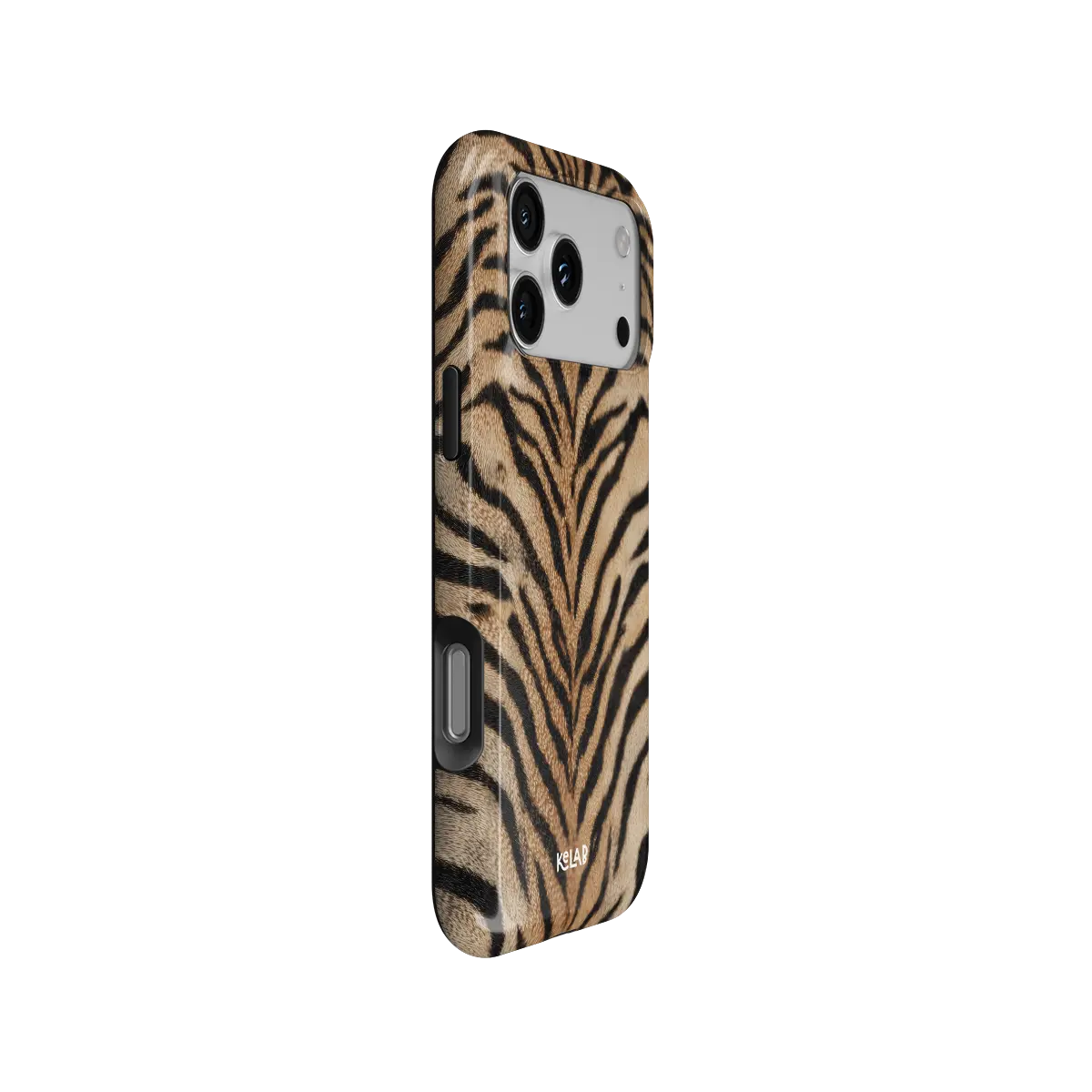 Fierce orange tiger print Tough iPhone case, side view showing the pattern wrapped around the shell.