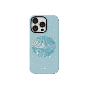Pastel blue seashell pattern phone case featuring a shimmering scallop shell with pearl accents, ideal for a beach-inspired summer aesthetic.