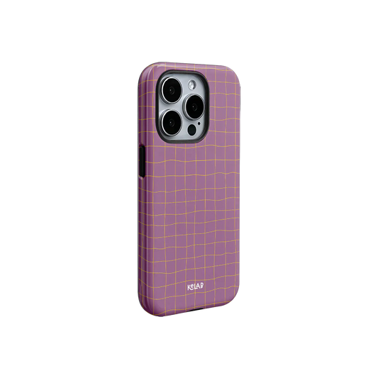 KELAB pink yellow grid phone case featuring a retro-chic mauve base and hand-drawn orange lines, perfect for fashion-forward phone protection.