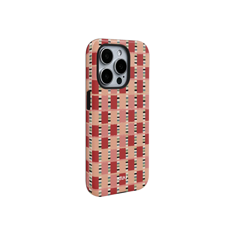 Phone case with a red and beige checkered pattern on a white background